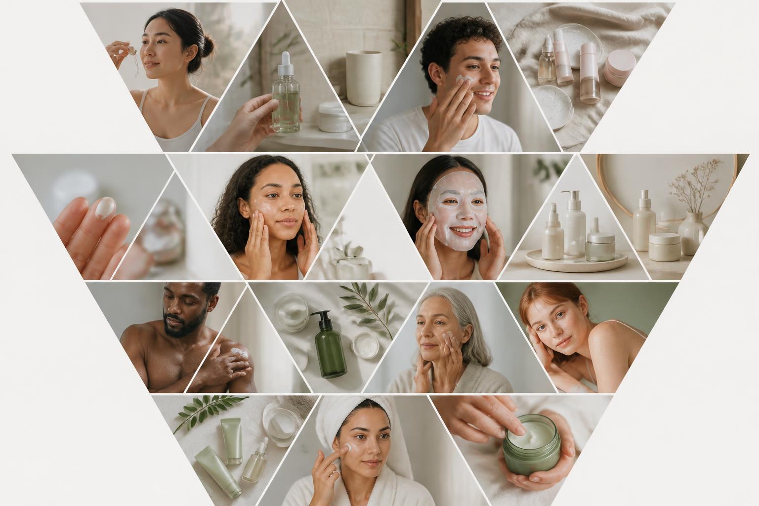 A network of triangles showing everyday people using skincare and beauty products